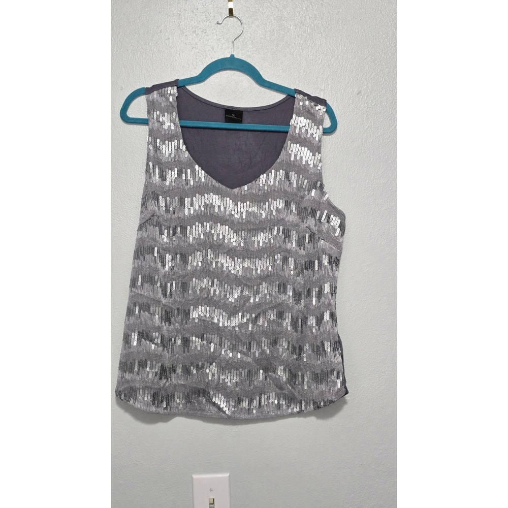 Worthington Silver Sequin Chevron Scoop Neck sleeveless Tank Blouse Top XL